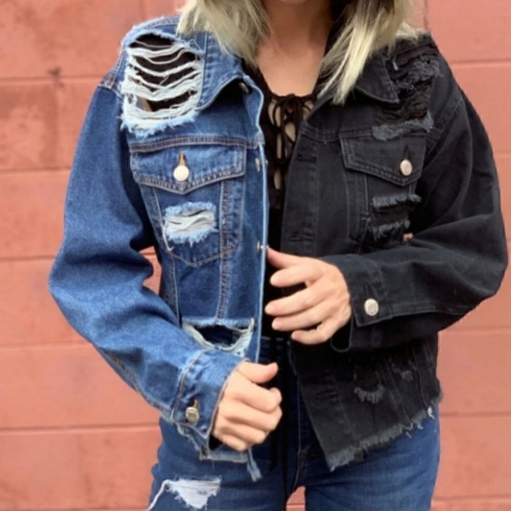 Uniq by Litz Luxe Blue Jean Jacket DENIM  BLACK Distressed Jacket S